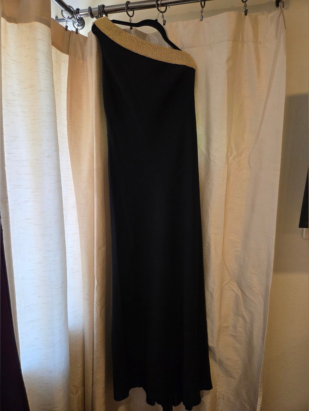 One-Shoulder Black Evening Gown with Gold Trim